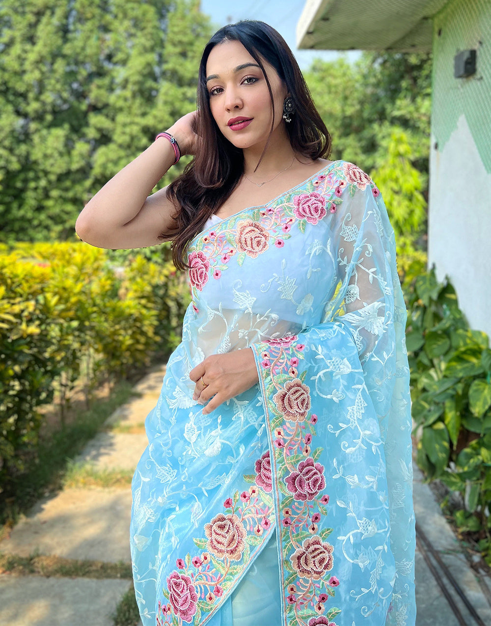 Baby Blue Organza Saree With Embroidery Work With Piping Border