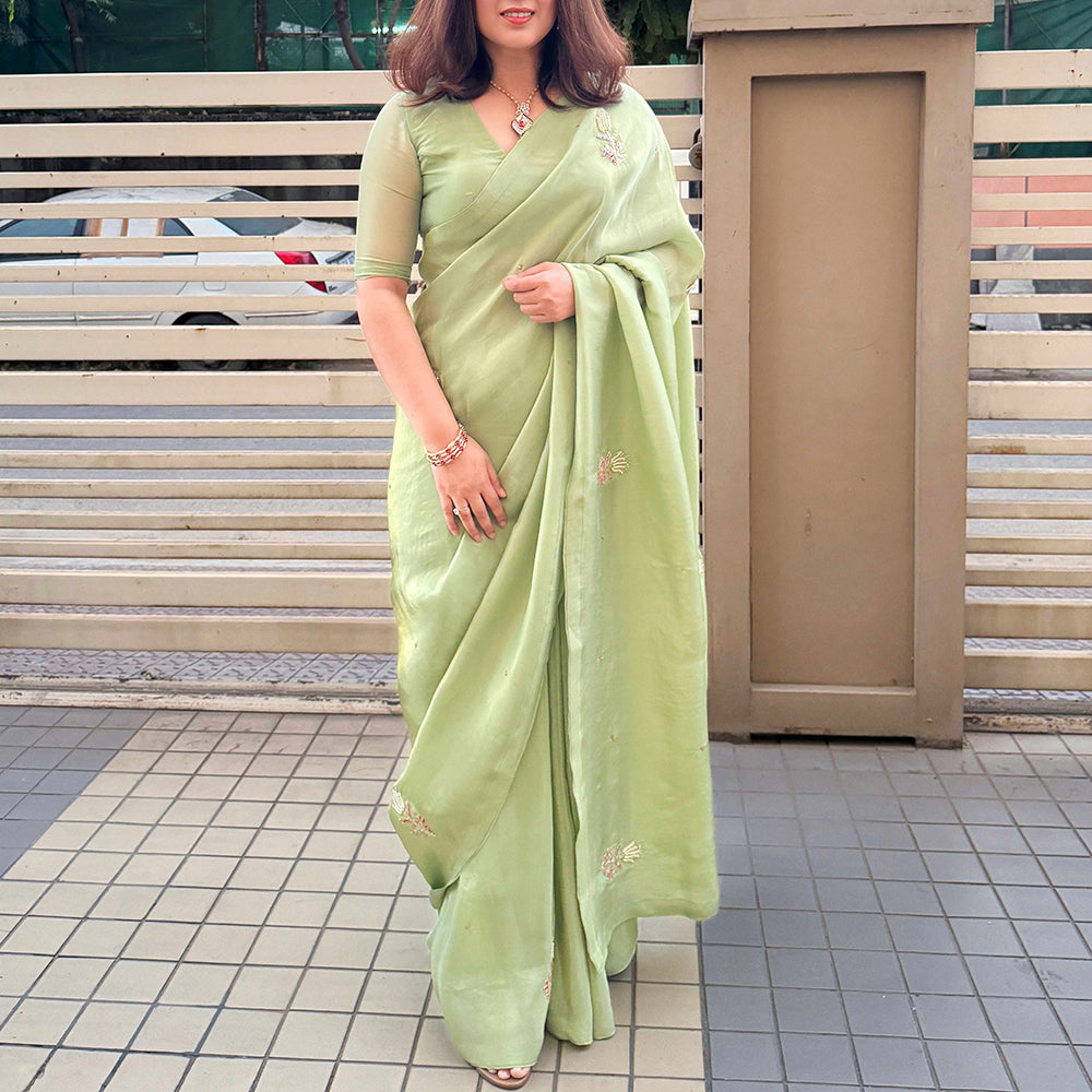 Pista Color Designer Ready To Wear Saree With Stitched Blouse