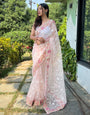 Light Peach Organza Saree With Embroidery Work With Piping Border