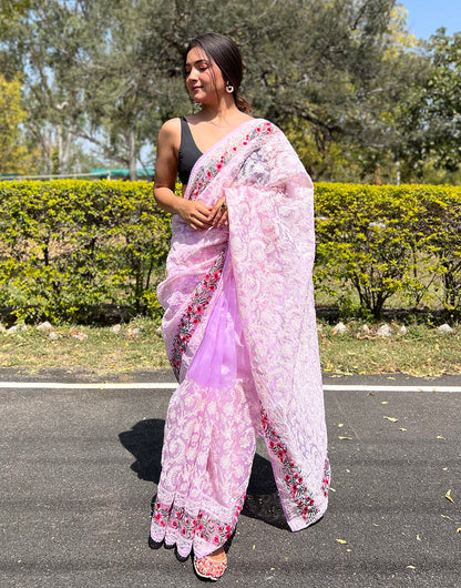 Baby Pink Georgette Saree With Thread Embroidery Work