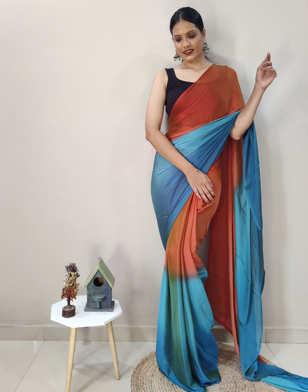 Burnt Orange & Blue Chiffon Silk Ready To Wear Saree