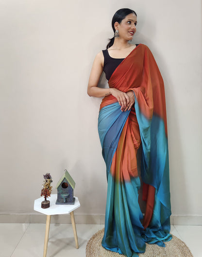 Burnt Orange & Blue Chiffon Silk Ready To Wear Saree