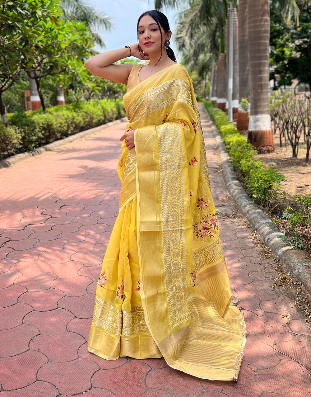 Bright Yellow Cotton Saree With Embroidery Work