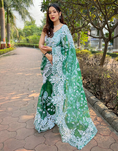 Green Organza Saree With Thread Embroidery & Cut Work Border