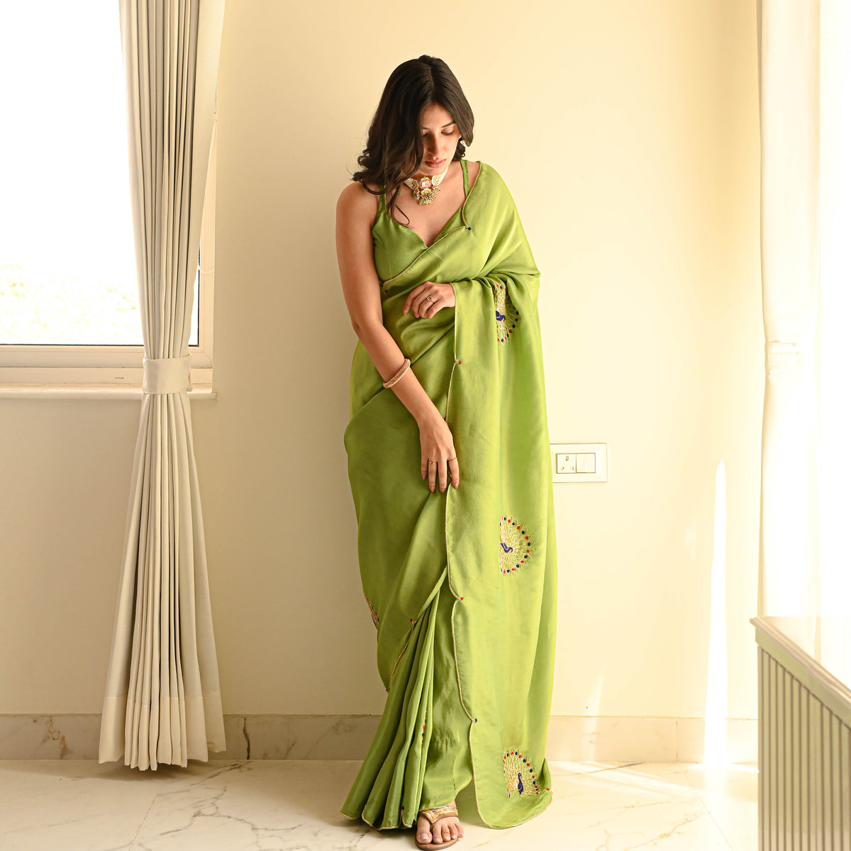 Green Color Designer Ready To Wear Saree With Stitched Blouse