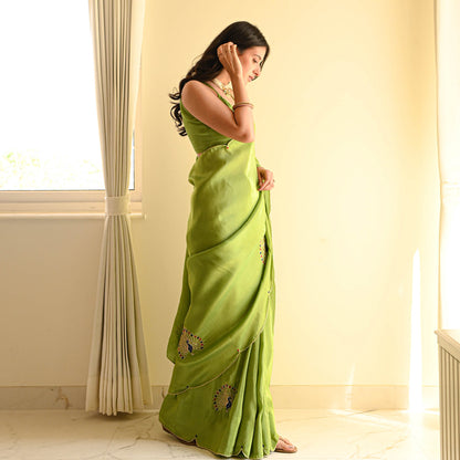 Green Color Designer Ready To Wear Saree With Stitched Blouse