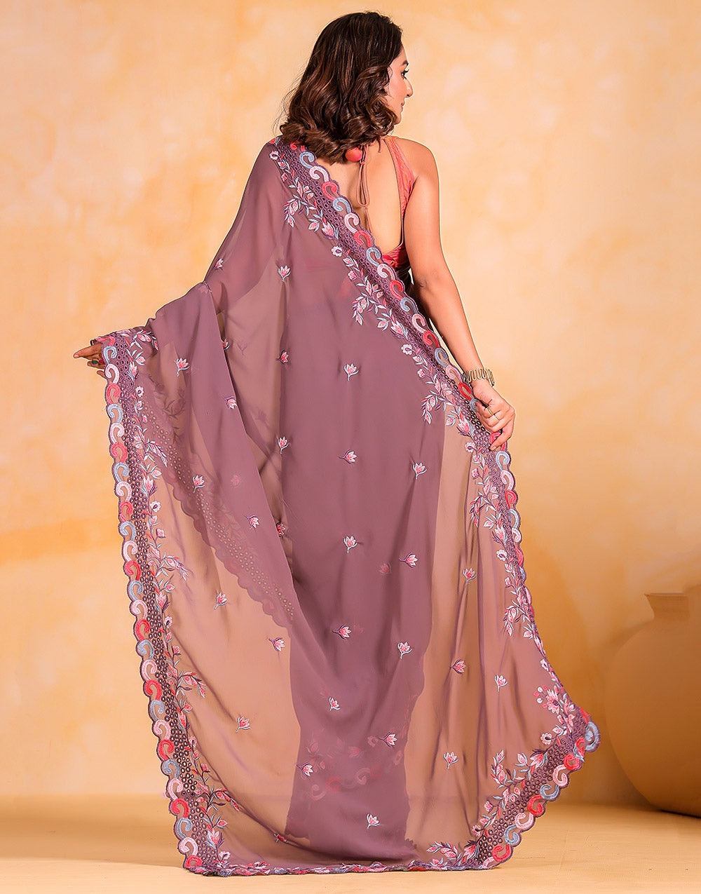 Turkish Rose Pink Georgette Saree Thread Embroidery Work With Cut Work Border