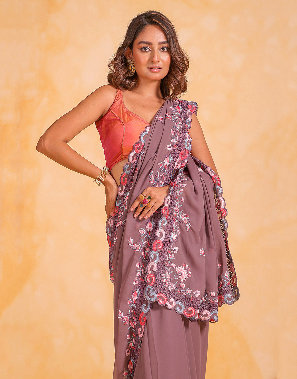 Turkish Rose Pink Georgette Saree Thread Embroidery Work With Cut Work Border