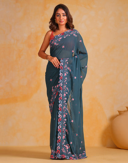 Stone Blue Georgette Saree Thread Embroidery Work With Cutwork Border