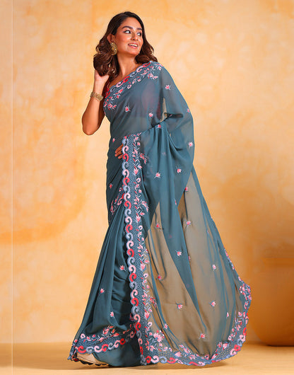 Stone Blue Georgette Saree Thread Embroidery Work With Cutwork Border