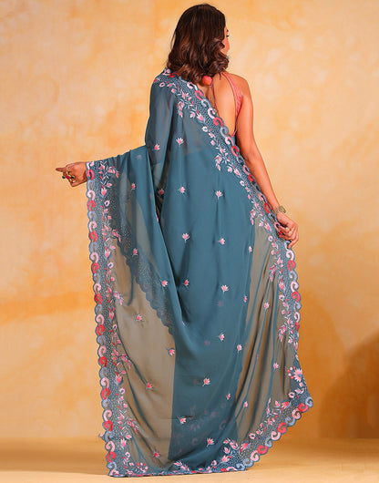 Stone Blue Georgette Saree Thread Embroidery Work With Cutwork Border