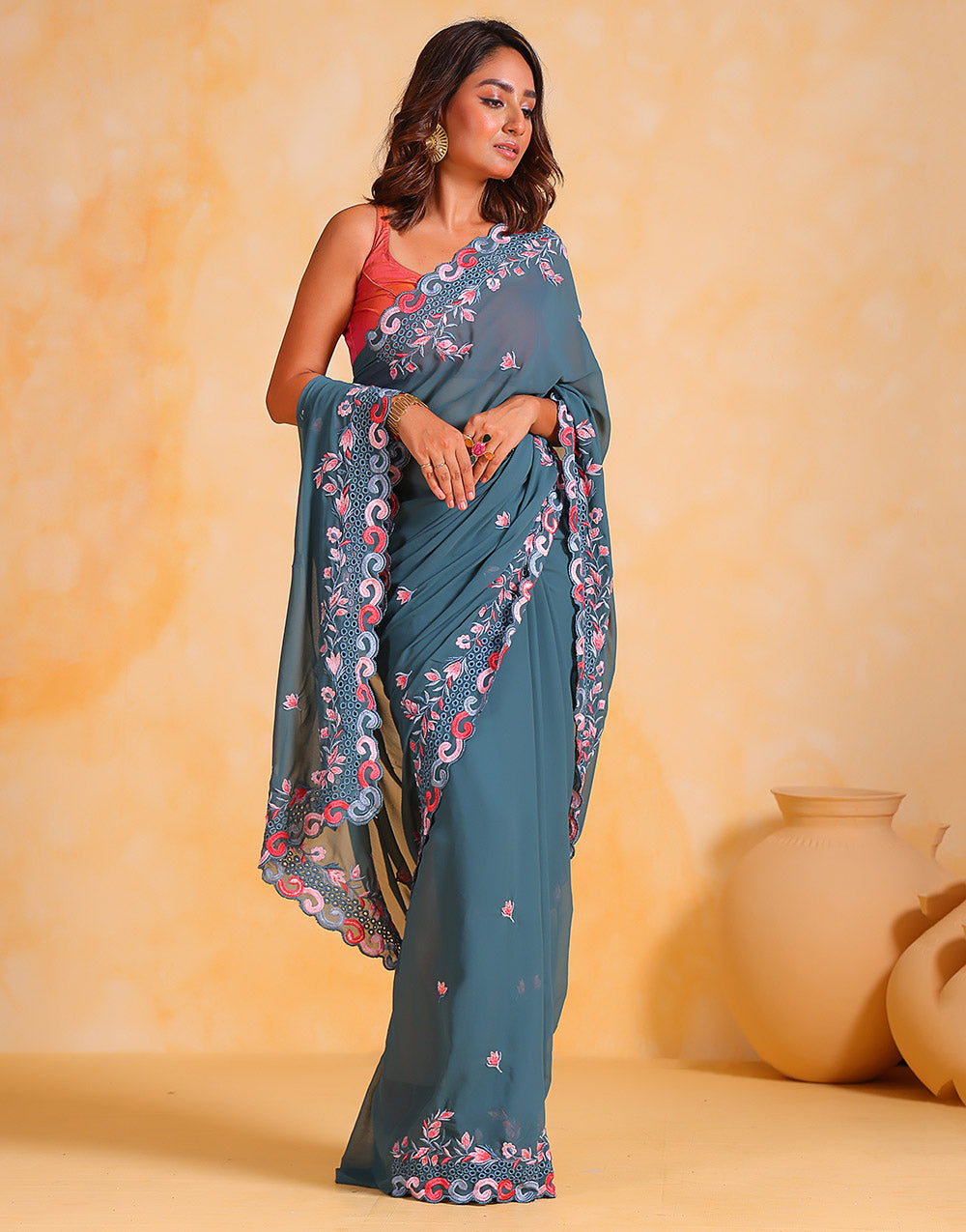 Stone Blue Georgette Saree Thread Embroidery Work With Cutwork Border