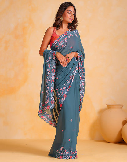 Stone Blue Georgette Saree Thread Embroidery Work With Cutwork Border