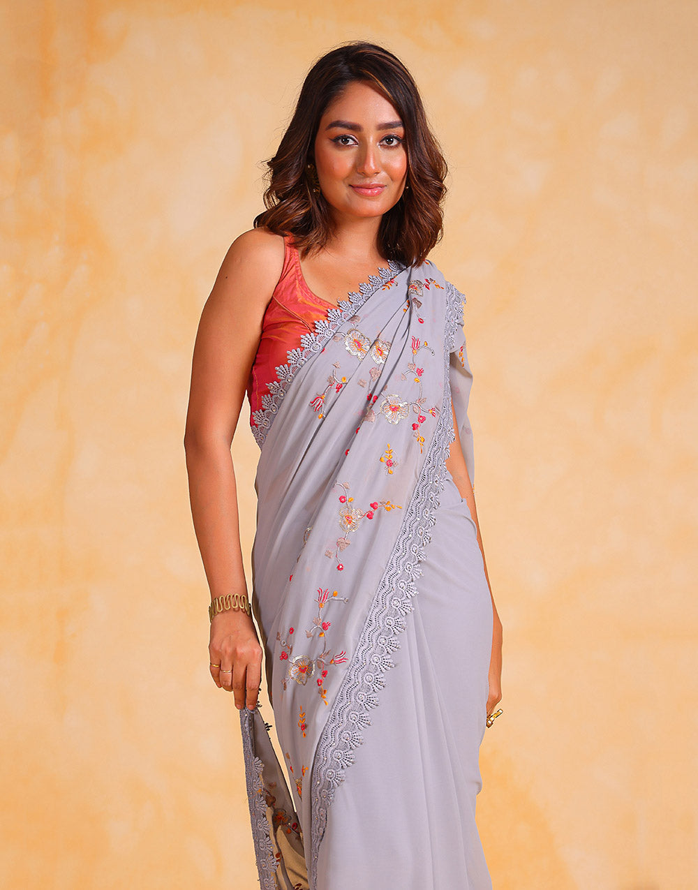 Silver Gray Georgette Saree With Thread Embroidery Work & Cutwork Border