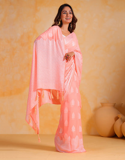 Peach Pink Georgette Saree With Silver Soft Weaving Work