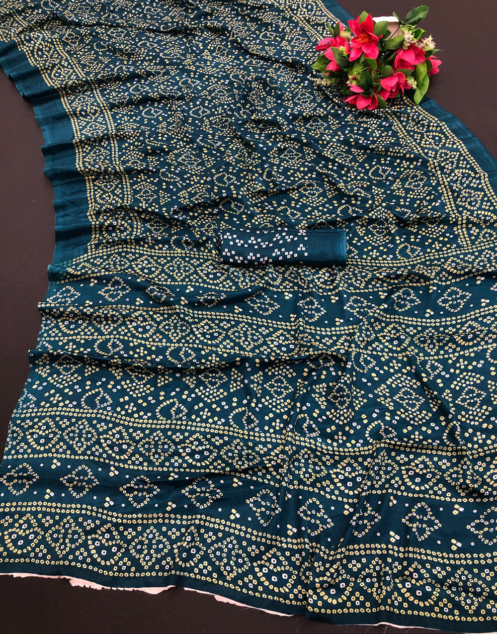 Prussian Blue Hand Bandhej Bandhani Saree With Printed Work