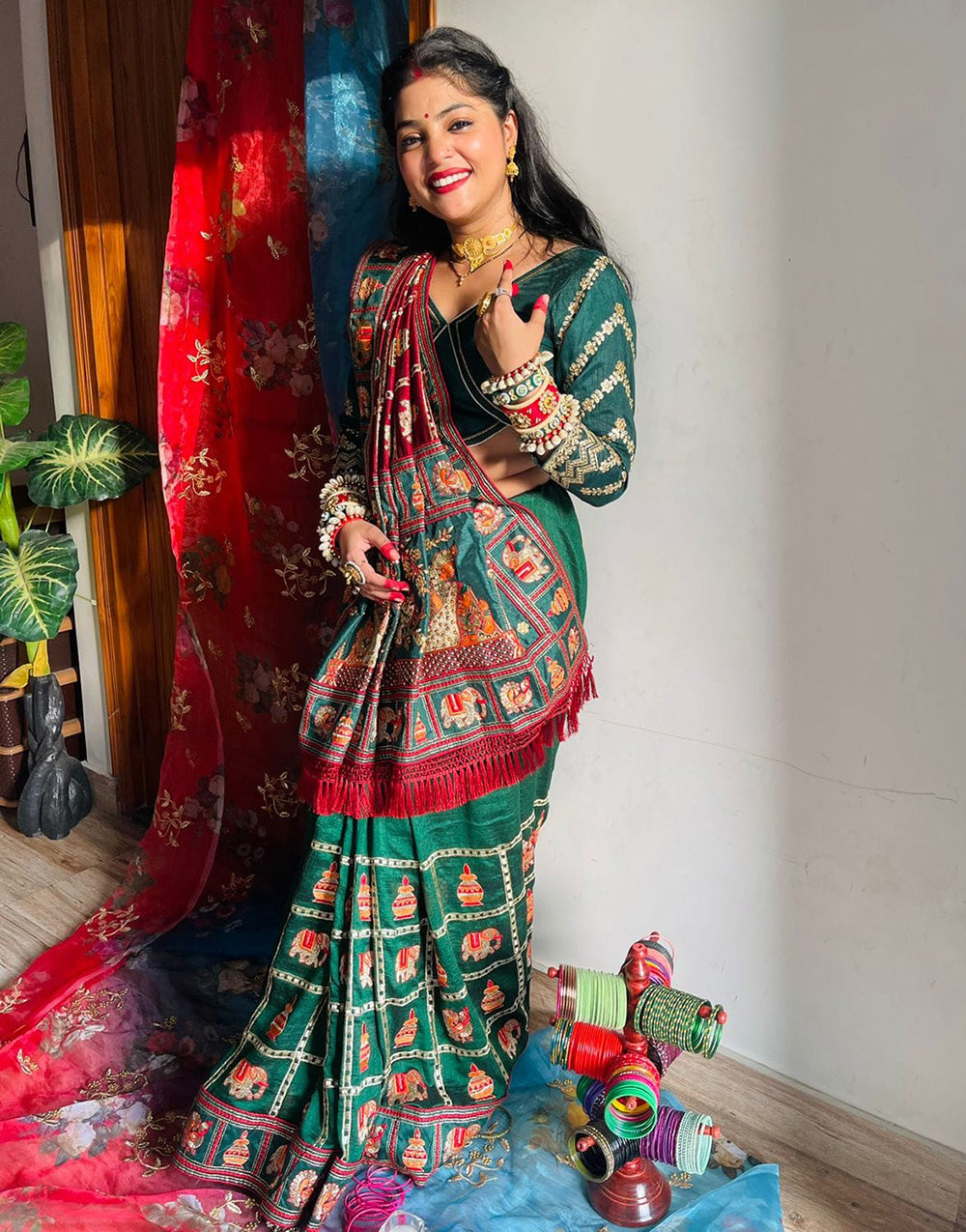 Green & Maroon Silk Saree With Embroidery Diamond Work Embroidery Lace Latkan