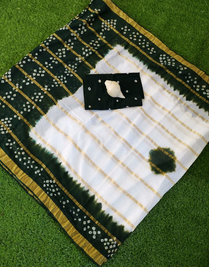 Dark Green Hand Bandhej Bandhani Saree With Zari Weaving Work