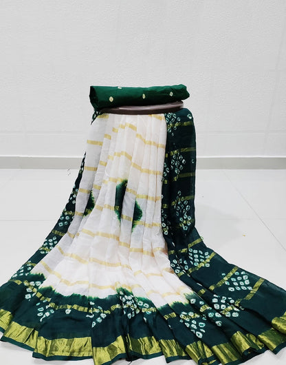 Dark Green Hand Bandhej Bandhani Saree With Zari Weaving Work