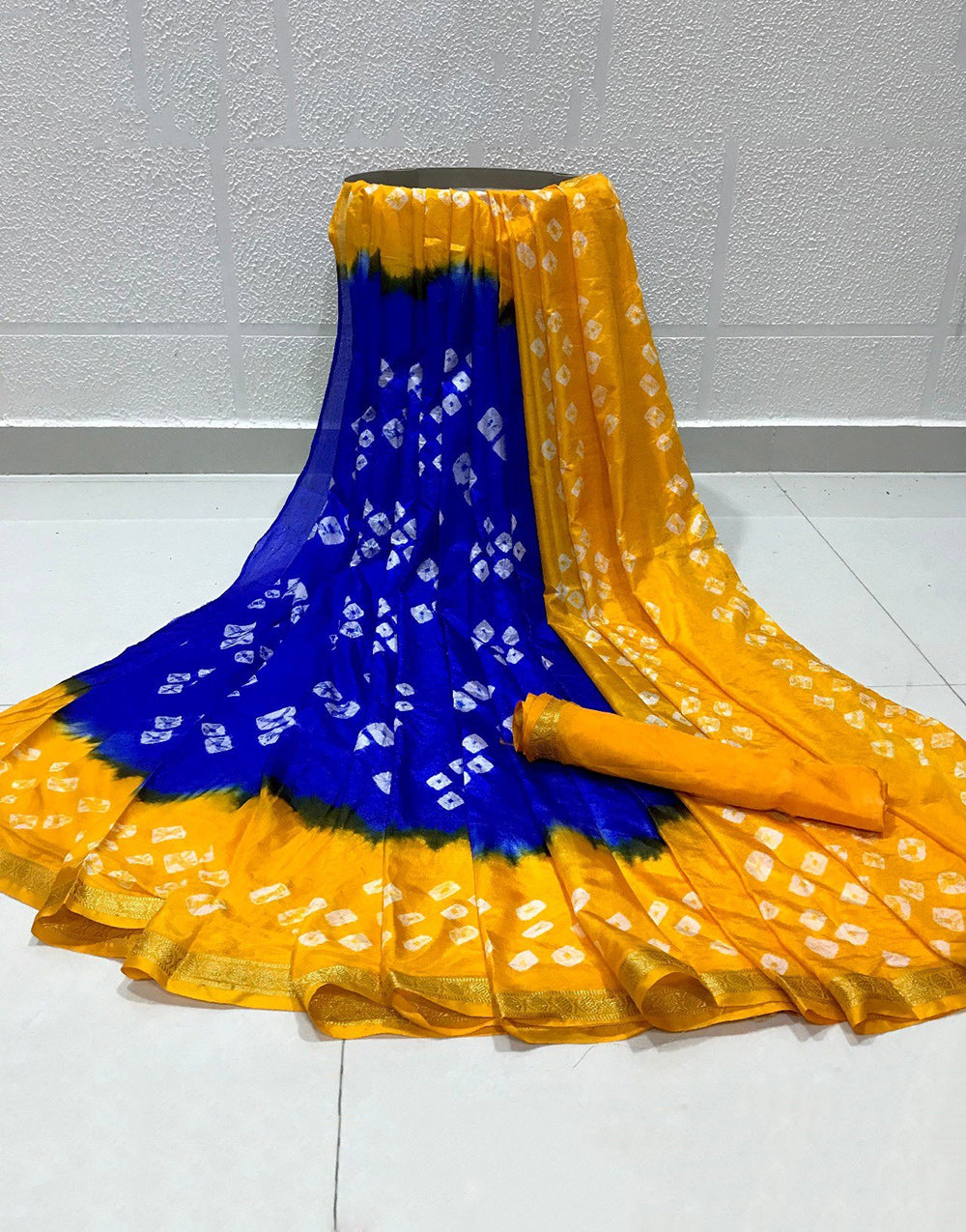 Blue & Yellow Hand Bandhej Bandhani Saree With Zari Weaving Border