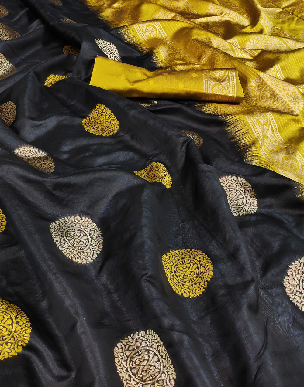 Black & Yellow Lichi Silk Saree With Weaving Work