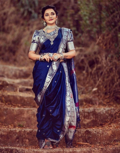 Soft Lichi Silk With Weaving Saree In Neavy Blue