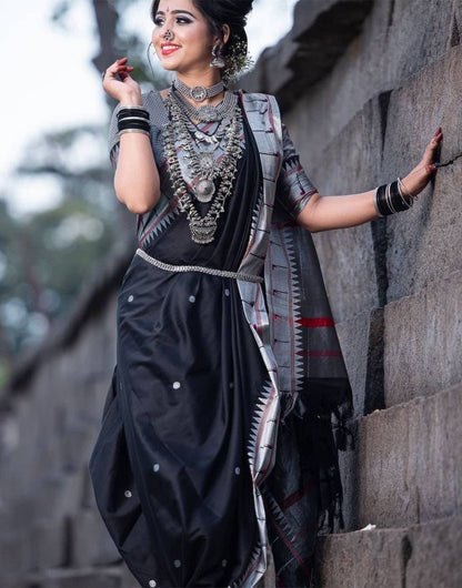 Soft Lichi Silk With Weaving Saree In Black