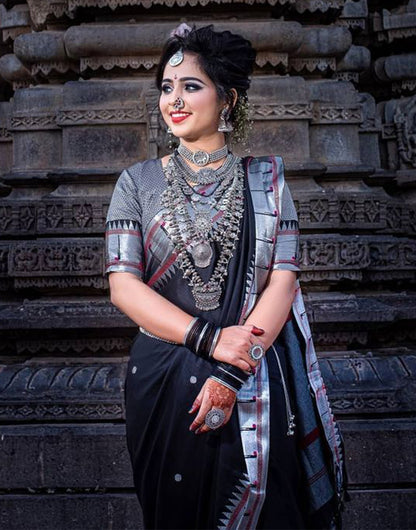 Soft Lichi Silk With Weaving Saree In Black