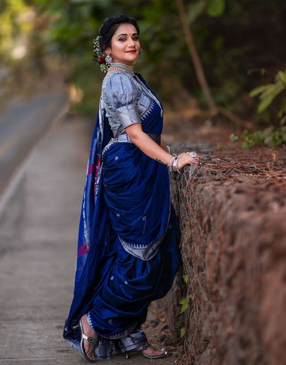 Soft Lichi Silk With Weaving Saree In Neavy Blue