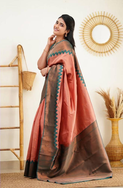 Coral Orange Soft Lichi Silk Saree With Weaving Work