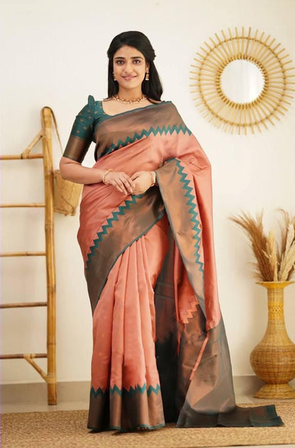 Coral Orange Soft Lichi Silk Saree With Weaving Work