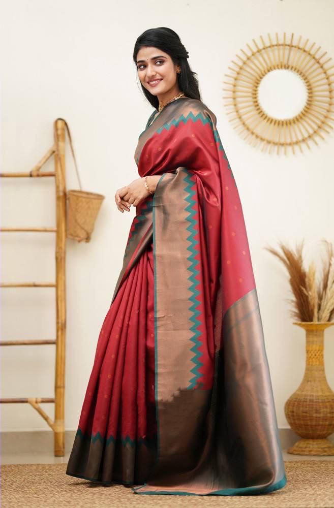 Red Soft Lichi Silk Saree With Weaving Work
