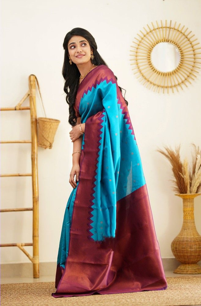 Sky Blue Soft Lichi Silk Saree With Weaving Work