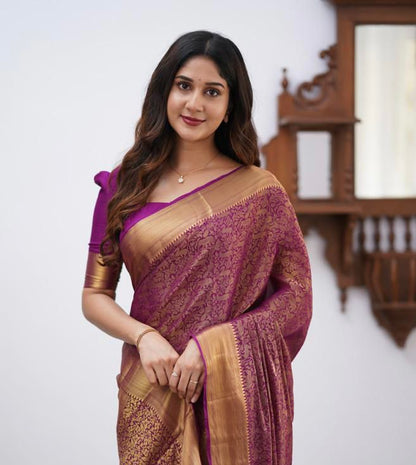 Wine Soft Lichi Silk Saree With Weaving Work