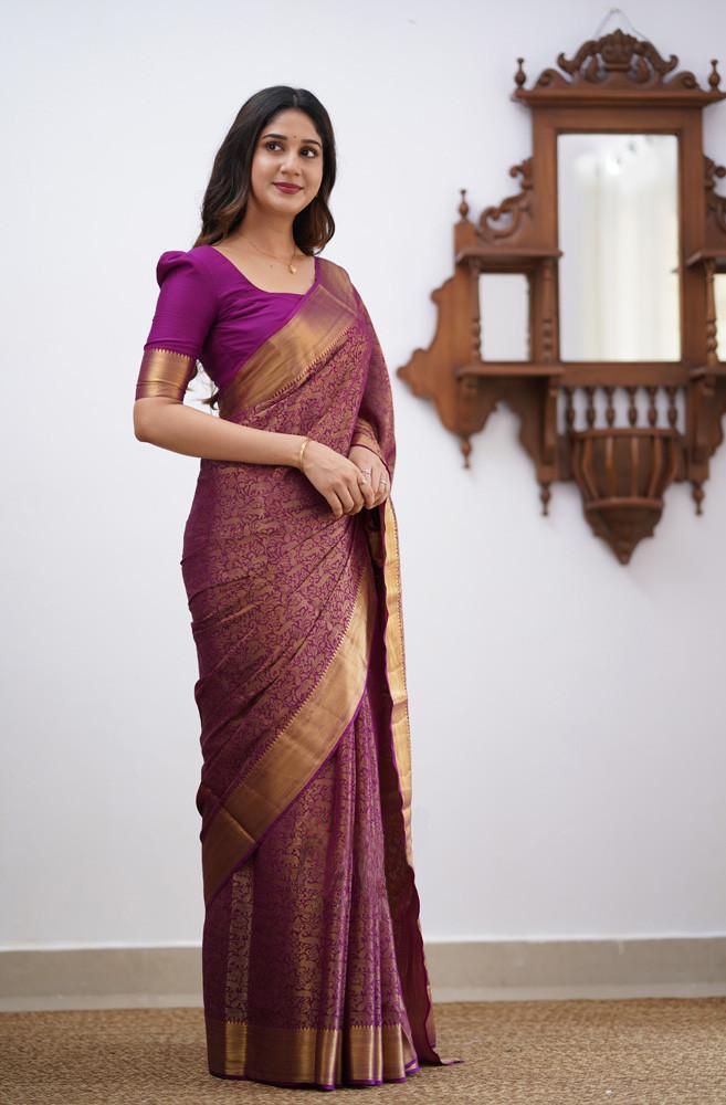 Wine Soft Lichi Silk Saree With Weaving Work