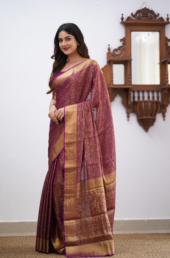 Brown Soft Lichi Silk Saree With Weaving Work