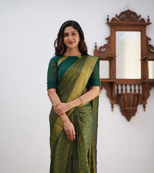 Dark Green Soft Lichi Silk Saree With Weaving Work