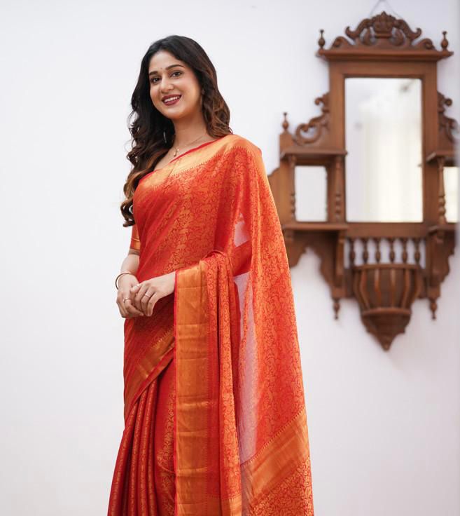 Orange Soft Lichi Silk Saree With Weaving Work