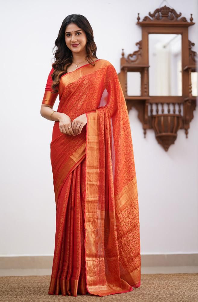 Orange Soft Lichi Silk Saree With Weaving Work