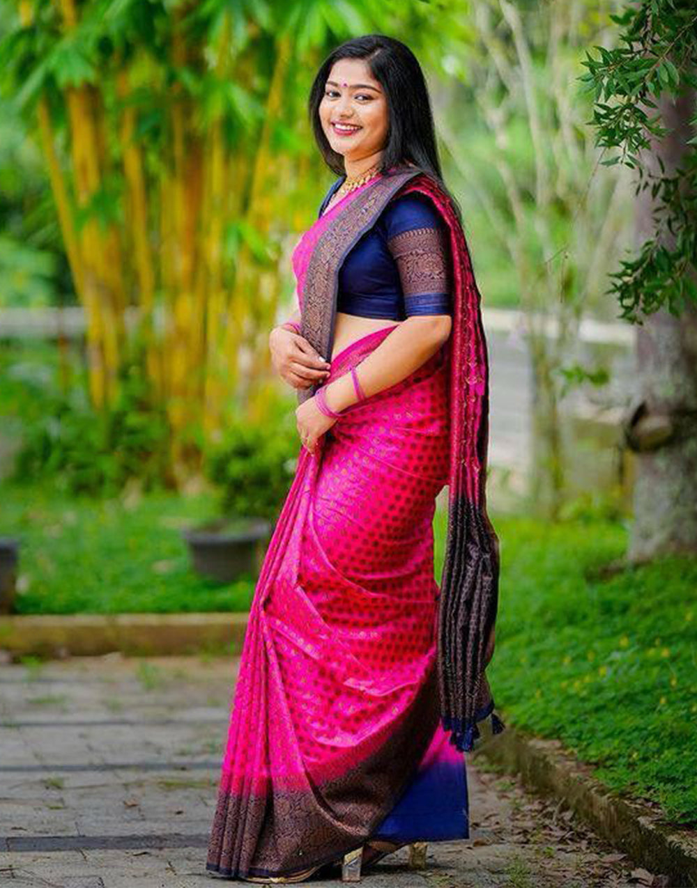 Rani Pink Soft Lichi Silk Saree With Weaving Work