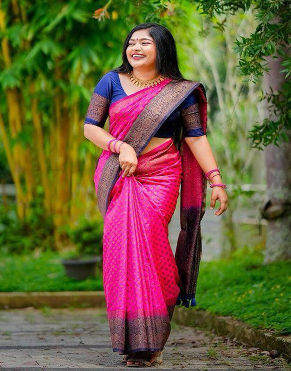 Rani Pink Soft Lichi Silk Saree With Weaving Work