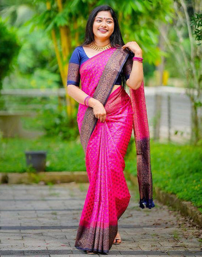 Rani Pink Soft Lichi Silk Saree With Weaving Work