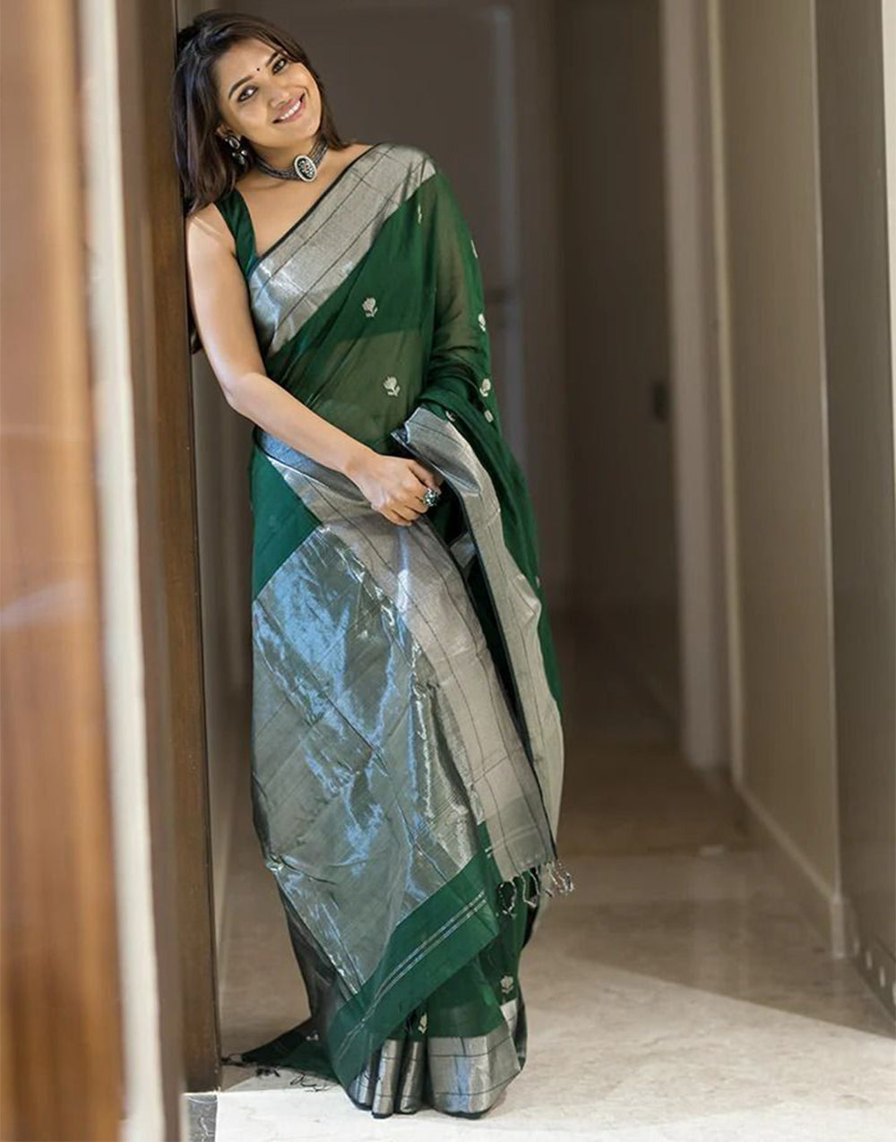 Dark Green  Soft Lichi Silk Saree With Weaving Work