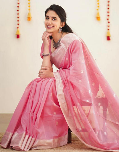 Rose Pink Soft Lichi Silk Saree With Weaving Work