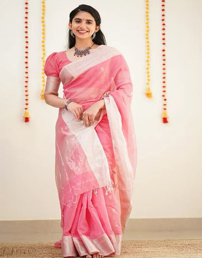 Rose Pink Soft Lichi Silk Saree With Weaving Work