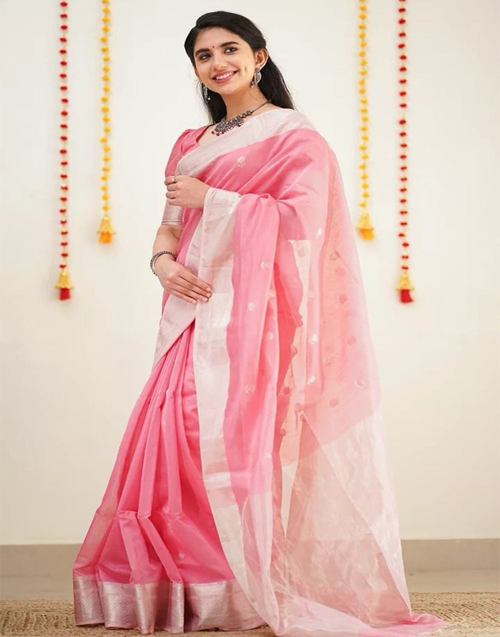 Rose Pink Soft Lichi Silk Saree With Weaving Work