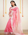 Rose Pink Soft Lichi Silk Saree With Weaving Work