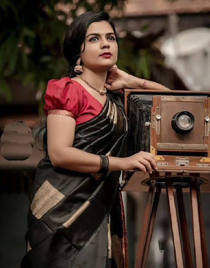 Black Soft Lichi Silk Saree With Zari Weaving Work