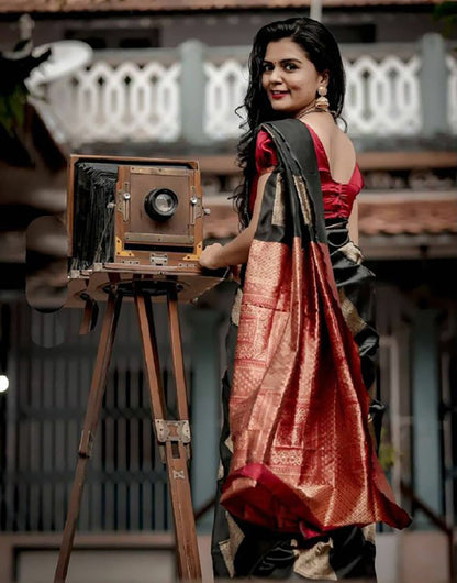 Black Soft Lichi Silk Saree With Zari Weaving Work