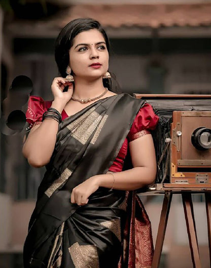 Black Soft Lichi Silk Saree With Zari Weaving Work